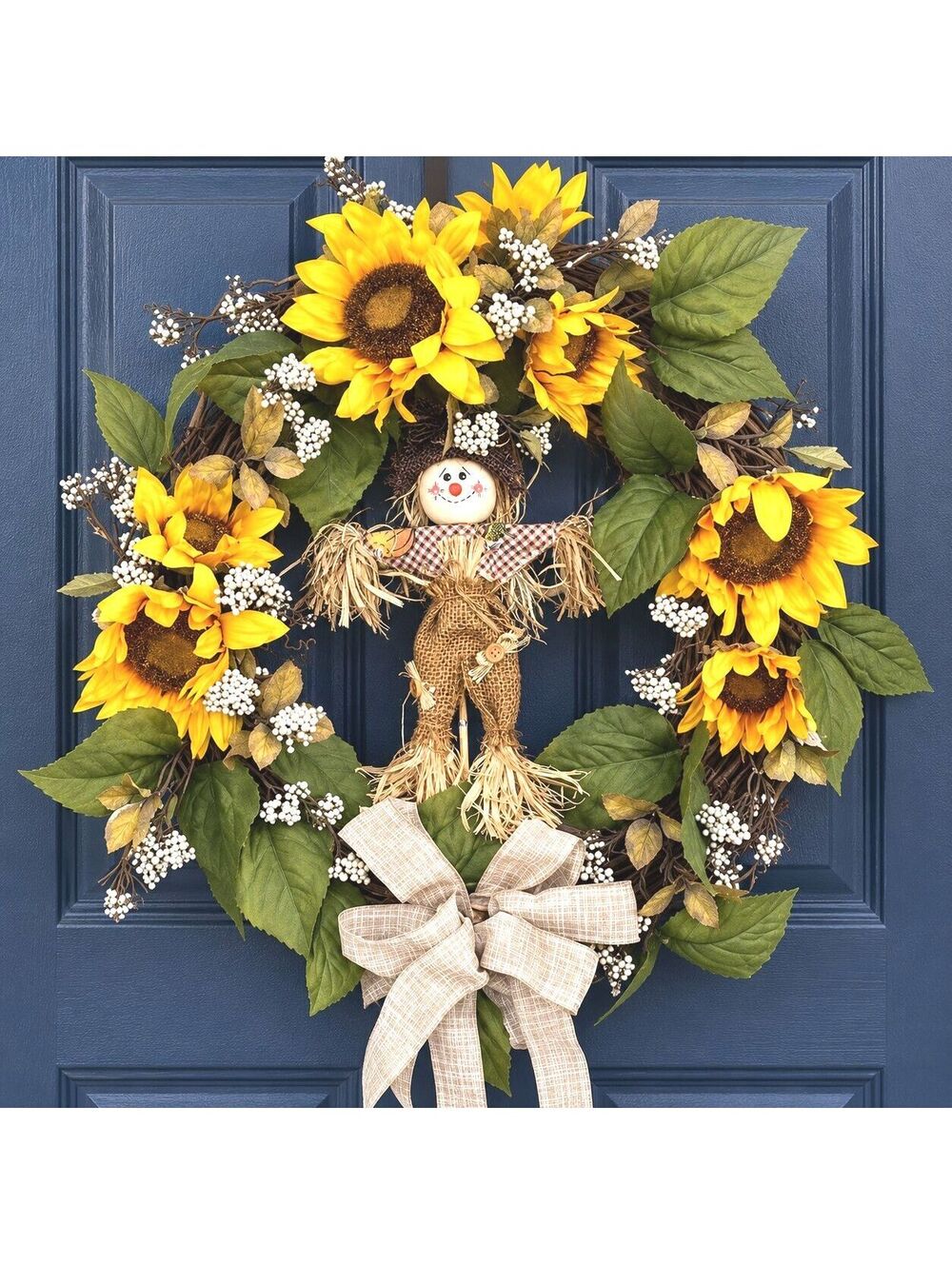 Fall Sunflower Door Wreath, Handmade Scarecrow Autumn Wreath, 17"